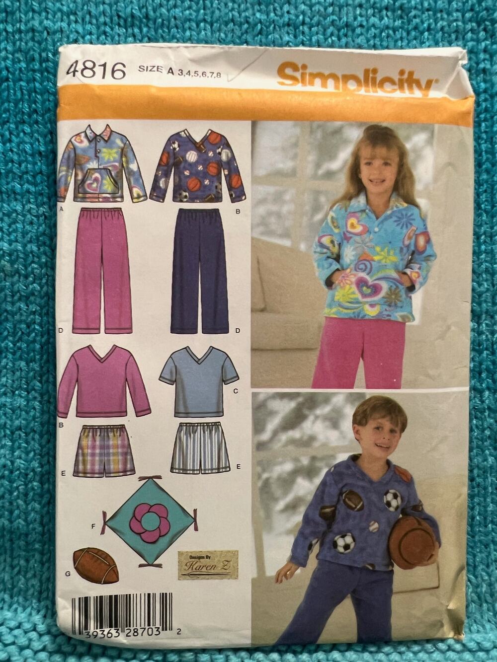 Simplicity 4816 Sewing pattern kids knit top pants shorts pillows
